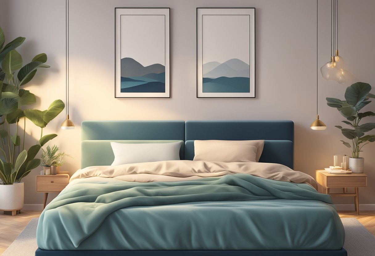 A side sleeper peacefully rests on a plush mattress, surrounded by a serene bedroom with soft lighting and cozy decor