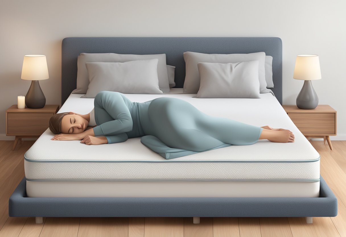 A side sleeper peacefully resting on a supportive mattress with a contoured surface to accommodate the natural curve of the body